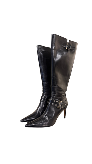 Christian Dior Vintage John Galliano Era Black Leather Knee High Stiletto Boots Silver Tone Eyelet Buckle Strap Pointed Toe EU 38.5