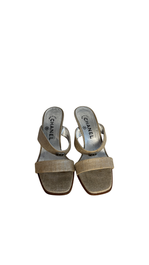 Chanel Vintage Canvas Sandals Heeled Mule Pump Shoes Karl Lagerfeld Canvas Strap detail CC coco mark