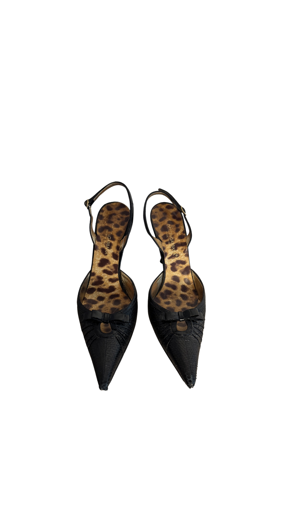 DOLCE & GABBANA D&G Black Python Skin Pointed-Toe High Heel Slingback Pumps Vintage Leopard Lining