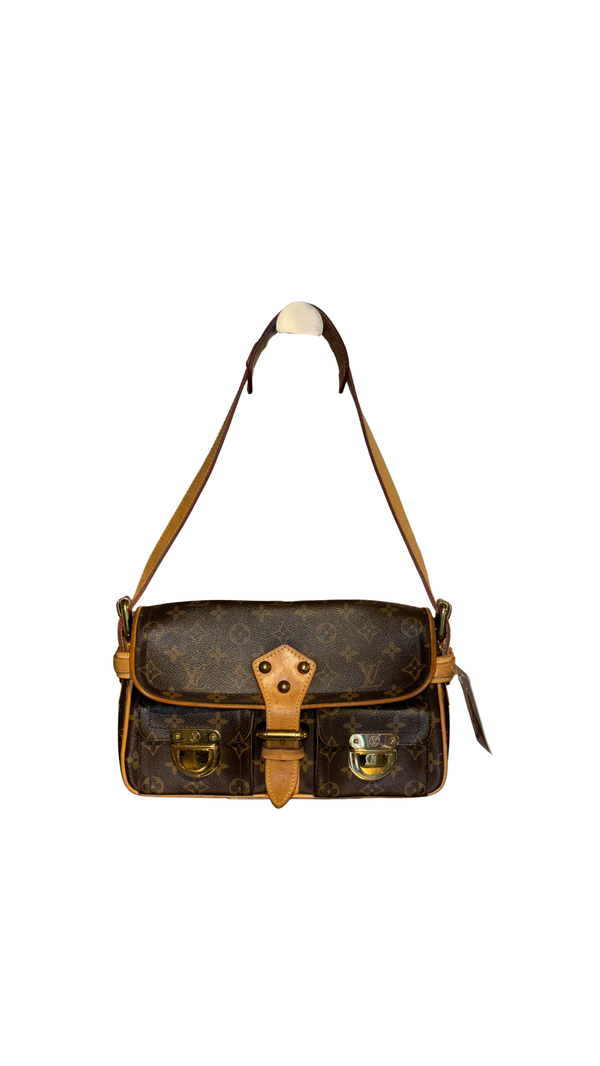 Louis Vuitton Vintage Monogram Canvas Hudson Bag Brown Leather Trim Gold Tone Hardware