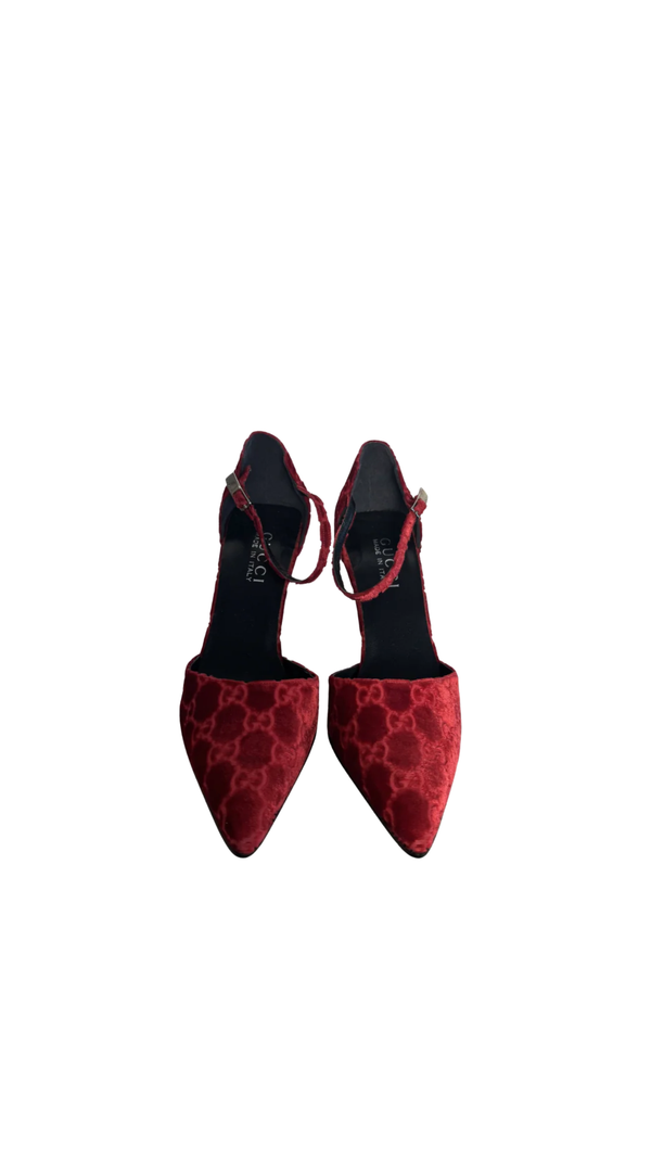 Gucci Tom Ford Vintage F/W 1997 deep red velvet GG embossed D'Orsay pointed toe stiletto heels silver hardware