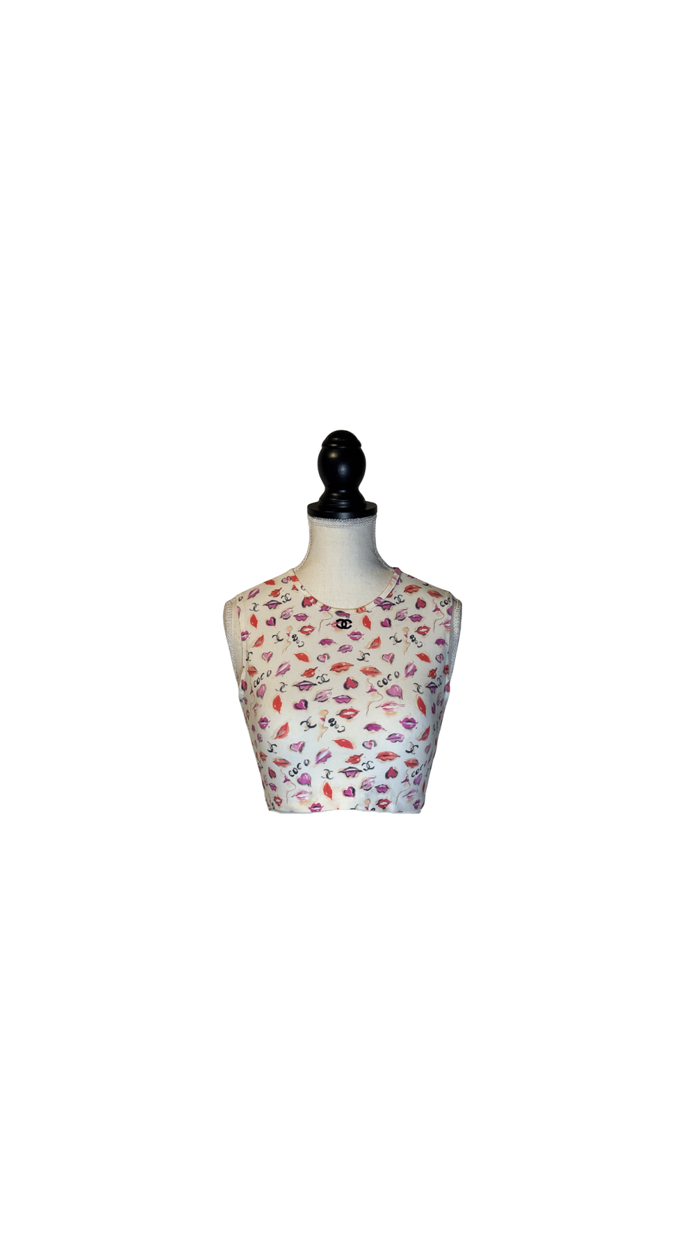 RARE! Chanel 1995 Vintage Karl Lagerfeld Lipstick Cropped Tank Top Vest Graphic CC cocomark logo pink red black white Iconic 90s design