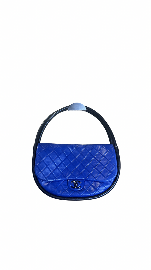Chanel Iconic S/S 2013 Karl Lagerfeld Hula Hoop Electric Blue CC flap Black Hardware Quilted Calfskin Mini