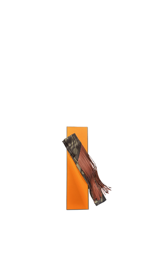 Rare! New Hermes Scarf Silk Calfskin Bouquet Final Fringed Tassle Twilly Vert Loden Black “Dual Essence” Twilly Leather Bouquet Final Abeille Black Loden Rouge H