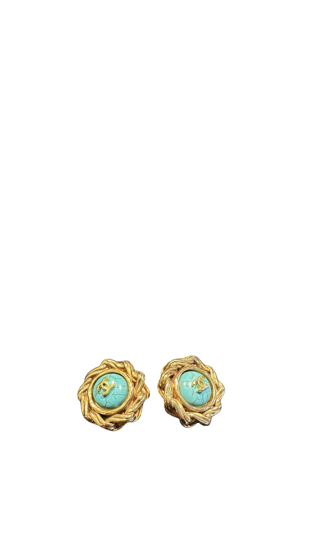 Chanel clip-on Gold CC classic style large stud statement turquoise logo rope plated earrings vintage Coco Mark motif studded