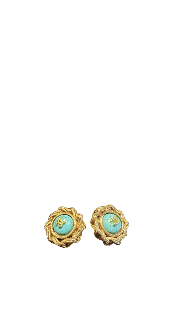 Chanel clip-on Gold CC classic style large stud statement turquoise logo rope plated earrings vintage Coco Mark motif studded