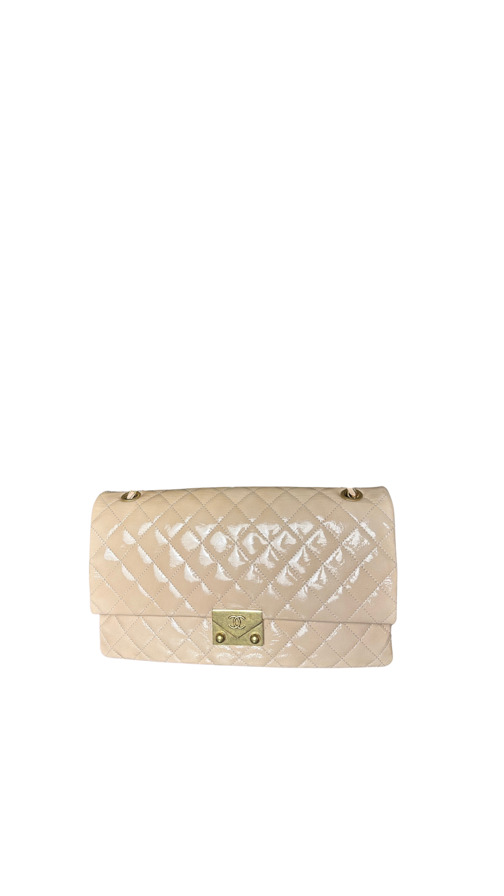 Chanel Patent Leather Beige Rose Quilted Pagoda Accordion Flap Gold Hardware Chain-Link Shoulder Bag 2016/17 Karl Lagerfeld