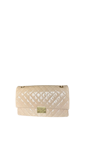 Chanel Patent Leather Beige Rose Quilted Pagoda Accordion Flap Gold Hardware Chain-Link Shoulder Bag 2016/17 Karl Lagerfeld