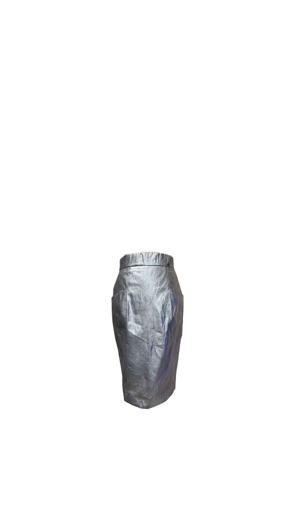 Chanel Silver Metallic Pencil Skirt S/S 2014 Runway FR 36 Unique CC button Collectors Piece
