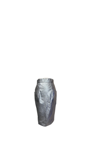 Chanel Silver Metallic Pencil Skirt S/S 2014 Runway FR 36 Unique CC button Collectors Piece