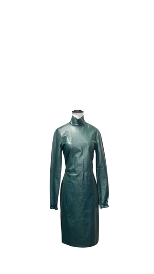 Maison Margiela Khaki Dark Green Leather Backless High Neck Long Sleeve IT40 Midi Dress Sexy 90s