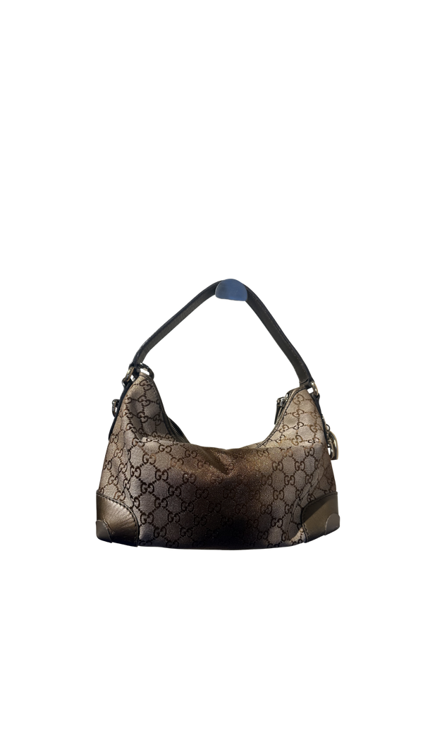 Gucci Shimmering Monogram Charmy Handbag Hobo GG canvas Heart-Bit Gold Metallic Shoulder Bag bronze metallic leather trim