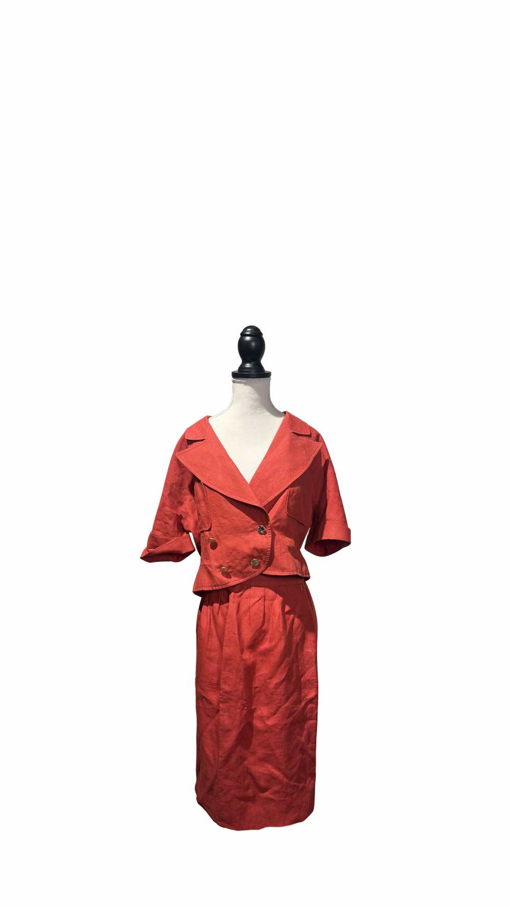 Vintage Chanel Red 2 piece set short sleeve jacket & long skirt gold hardware lapel collared jacket FR36