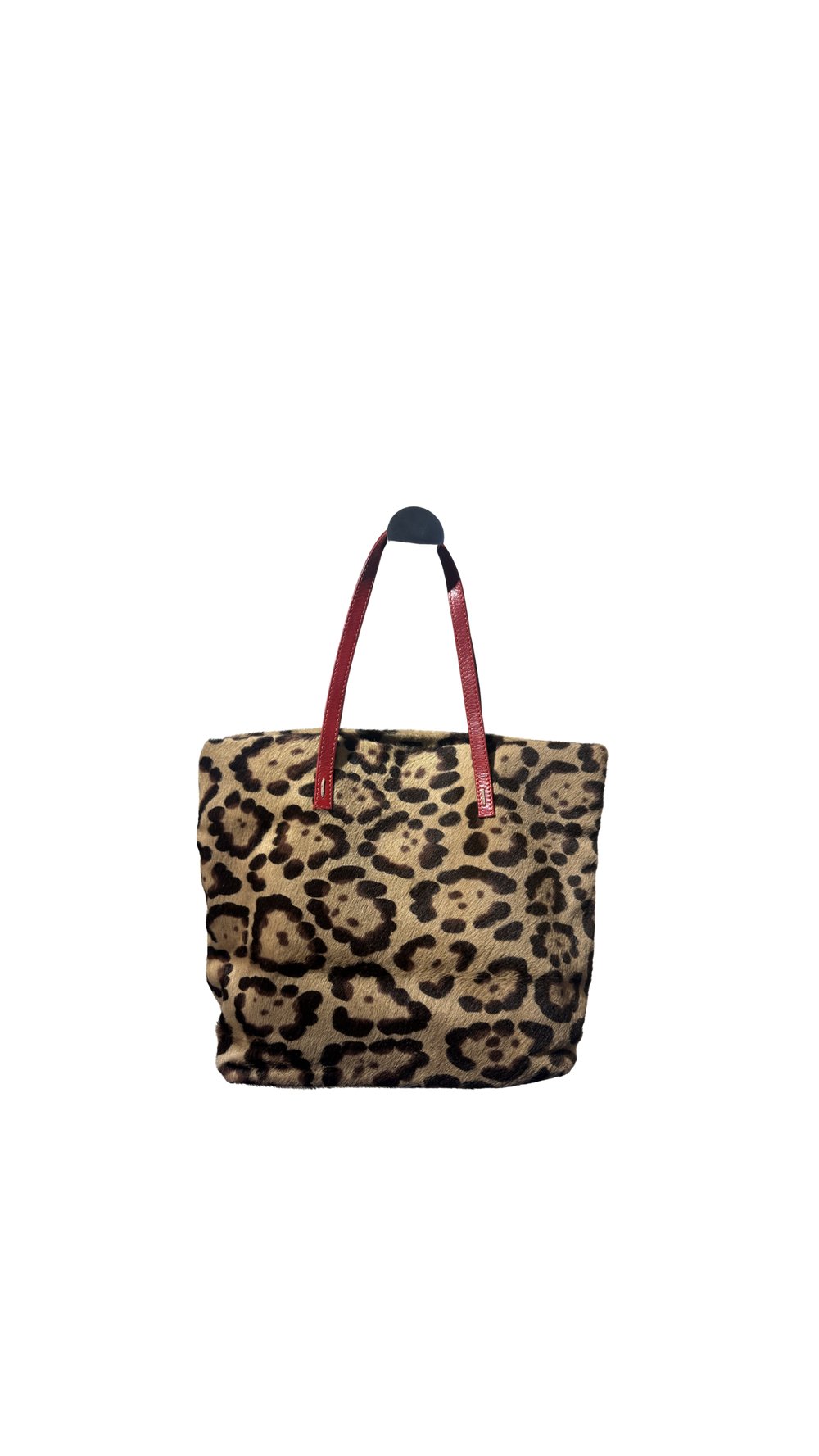 Rare Vintage Valentino leopard print calf hair bag red leather trim mini tote open bag