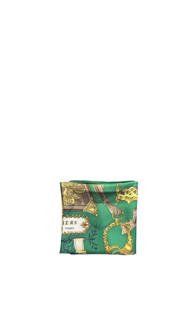 Hermes Gold Green White graphic detailing square silk large adjustable scarf tie