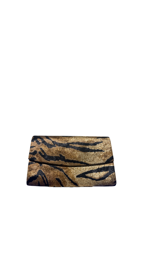 Yves Saint Laurent Vintage Clutch velvet tiger print chic 90s textured animal print wild handbag strapless