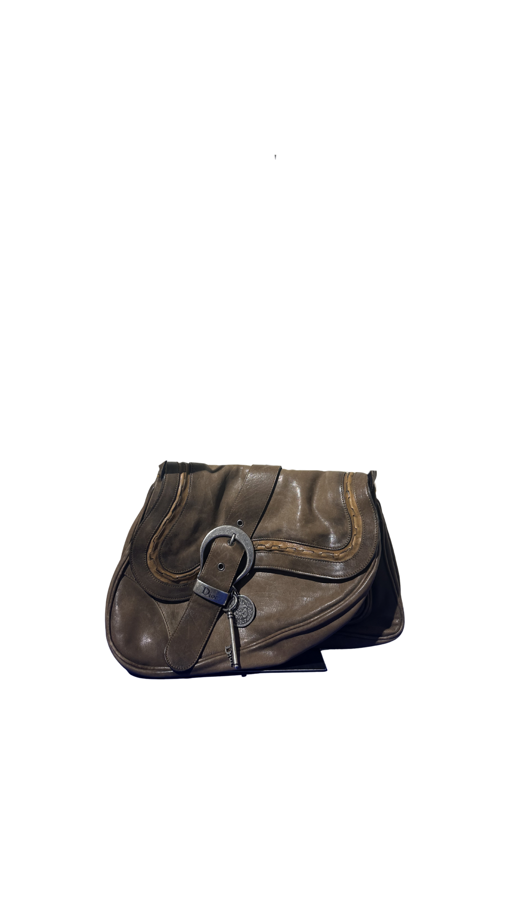 Rare Vintage Christian Dior Leather Gaucho Khaki Brown Saddle Shoulder Bag Cross Body Coin detail large bag 2006 western