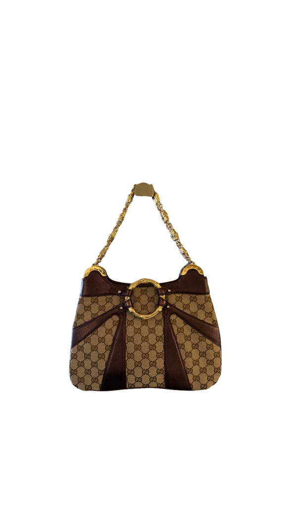 Gucci Tom Ford GG Dragon Bamboo Shoulder Bag Canvas Gold GG Monogram Dionysus Purple Shimmer Trim Gold Chain Strap