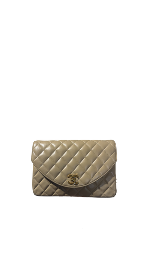 Chanel Beige Small Curved Flap Quilted Lambskin Vintage CC Half Moon Single Flap Shoulder 24k Gold chain Hardware Classic Iconic