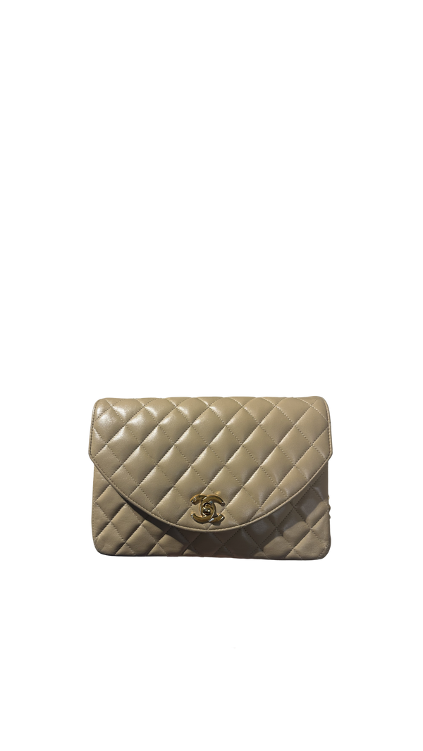 Chanel Beige Small Curved Flap Quilted Lambskin Vintage CC Half Moon Single Flap Shoulder 24k Gold chain Hardware Classic Iconic