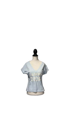 J'Adore Dior V Neck 2000s Galliano Christian Dior Sexy Graphic Tee EU 36 Baby Blue White Text World Champion 1947 Iconic Rare