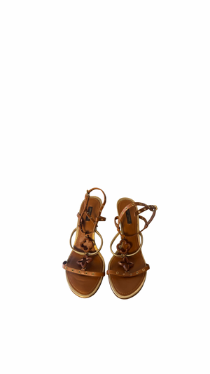 Louis Vuitton Wood Motif Logo Strappy Platform Wedge Sandal Studded Gold vintage EU 40.5