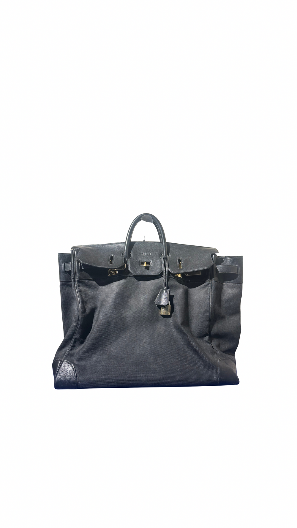 Hermes 50 HAC unisex Extra Large Travel Weekender Cotton Canvas Leather repainted monochrome Black Gold Hardware Vintage Rare