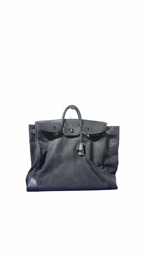 Hermes 50 HAC unisex Extra Large Travel Weekender Cotton Canvas Leather repainted monochrome Black Gold Hardware Vintage Rare