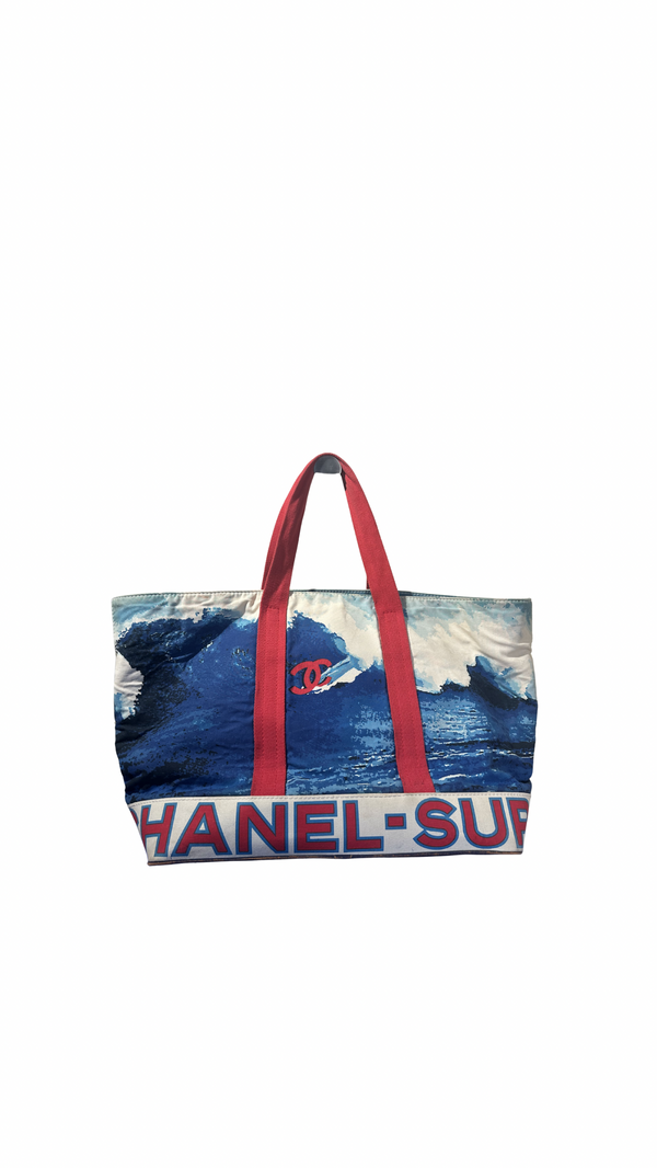 Chanel Karl Lagerfeld Iconic 2002 Surf High Summer Canvas XL Tote Bag Red Blue Wave CC Rare Collectors Piece