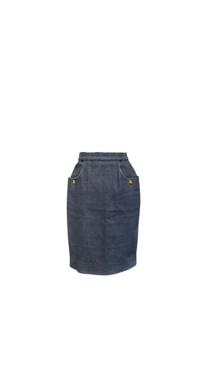 Chanel Boutique Vintage Dark Blue Stretch Denim High-Waisted Pencil Skirt with Gold CC Buttons 1990s