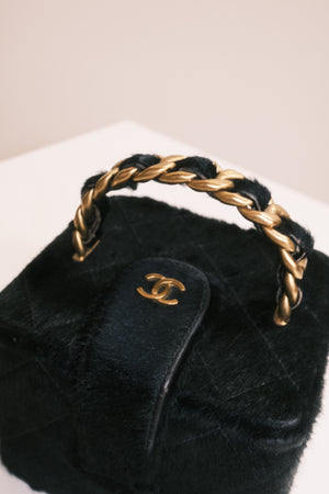 Chanel Vintage Mini Square Top Handle Vanity Box Black Ponyhair Quilted CC cocomark Lagerfeld 3 series 1994/96