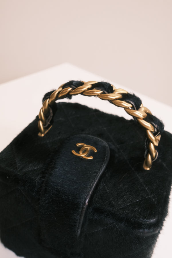 Chanel Vintage Mini Square Top Handle Vanity Box Black Ponyhair Quilted CC cocomark Lagerfeld 3 series 1994/96