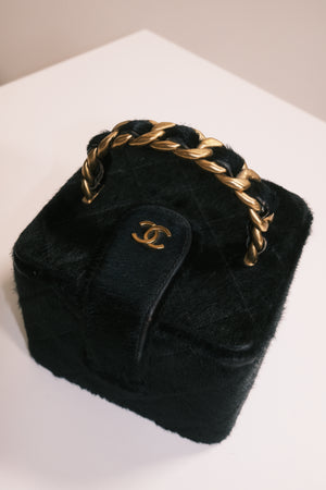 Chanel Vintage Mini Square Top Handle Vanity Box Black Ponyhair Quilted CC cocomark Lagerfeld 3 series 1994/96
