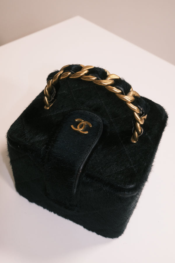 Chanel Vintage Mini Square Top Handle Vanity Box Black Ponyhair Quilted CC cocomark Lagerfeld 3 series 1994/96