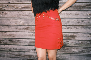 Christian Dior John Galliano F/W2003 Sexy Mini Skirt Bright Red Bondage Grommet Buckle Iconic Vintage FR34