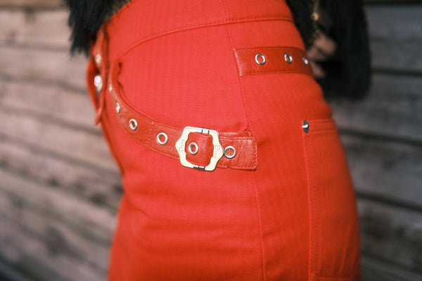 Christian Dior John Galliano F/W2003 Sexy Mini Skirt Bright Red Bondage Grommet Buckle Iconic Vintage FR34