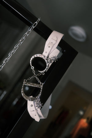 Christian Dior by John Galliano Vintage Archive White Snakeskin Leather Belt Oversized Silver CD Logo Buckle Chain Star Charms Y2K Waist Belt
