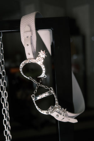 Christian Dior by John Galliano Vintage Archive White Snakeskin Leather Belt Oversized Silver CD Logo Buckle Chain Star Charms Y2K Waist Belt