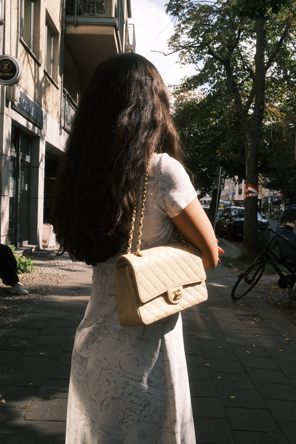 Chanel Classic Medium Double Flap Bag 2012 2013 Beige Caviar Leather Gold Hardware Quilted CC Turnlock Chain Shoulder Bag 17 Series