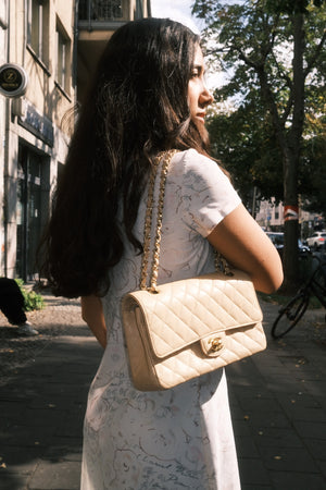 Chanel Classic Medium Double Flap Bag 2012 2013 Beige Caviar Leather Gold Hardware Quilted CC Turnlock Chain Shoulder Bag 17 Series