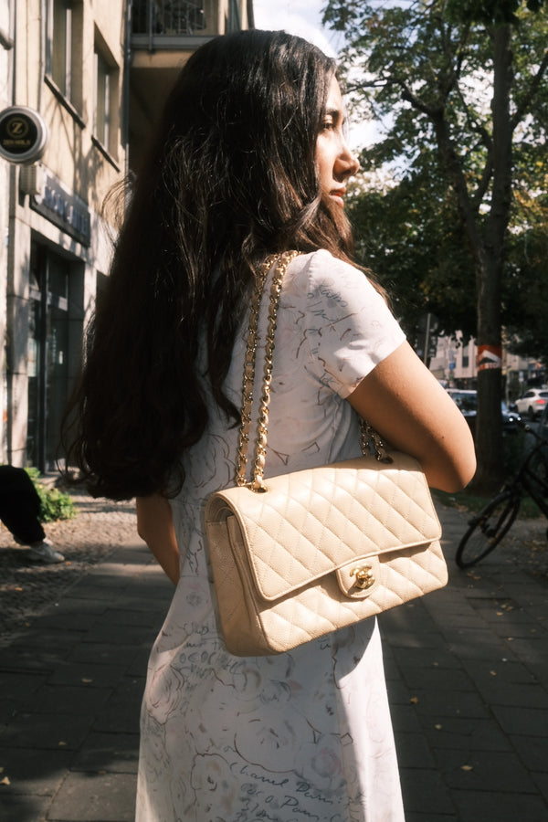 Chanel Classic Medium Double Flap Bag 2012 2013 Beige Caviar Leather Gold Hardware Quilted CC Turnlock Chain Shoulder Bag 17 Series