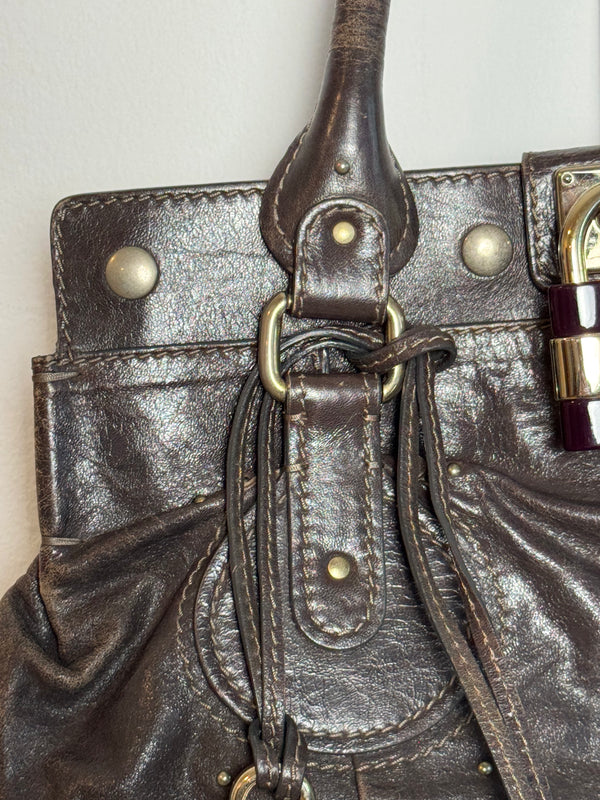 Chloe paddington Dark Brown Gold Limited Edition Grained Leather Tote Bag Vintage Lock Key Iconic 2000s