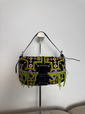 Fendi Baguette 2000 Vintage Beaded Canvas Body Green Brown Trim Fringe Tassel Embroidered Shoulder Bag Brown Limited Edition Leather Accents