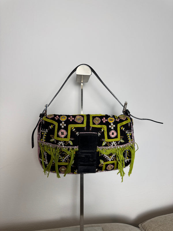 Fendi Baguette 2000 Vintage Beaded Canvas Body Green Brown Trim Fringe Tassel Embroidered Shoulder Bag Brown Limited Edition Leather Accents