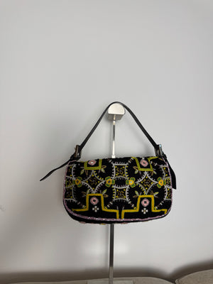 Fendi Baguette 2000 Vintage Beaded Canvas Body Green Brown Trim Fringe Tassel Embroidered Shoulder Bag Brown Limited Edition Leather Accents