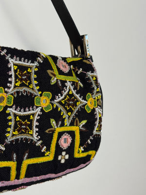 Fendi Baguette 2000 Vintage Beaded Canvas Body Green Brown Trim Fringe Tassel Embroidered Shoulder Bag Brown Limited Edition Leather Accents