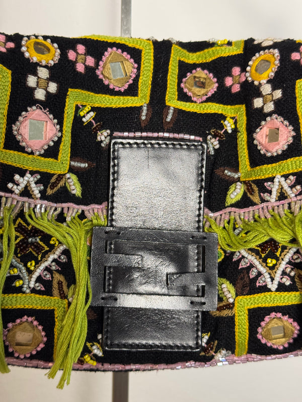 Fendi Baguette 2000 Vintage Beaded Canvas Body Green Brown Trim Fringe Tassel Embroidered Shoulder Bag Brown Limited Edition Leather Accents