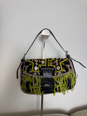 Fendi Baguette 2000 Vintage Beaded Canvas Body Green Brown Trim Fringe Tassel Embroidered Shoulder Bag Brown Limited Edition Leather Accents