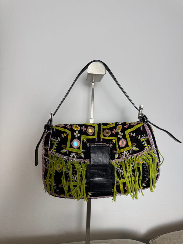 Fendi Baguette 2000 Vintage Beaded Canvas Body Green Brown Trim Fringe Tassel Embroidered Shoulder Bag Brown Limited Edition Leather Accents