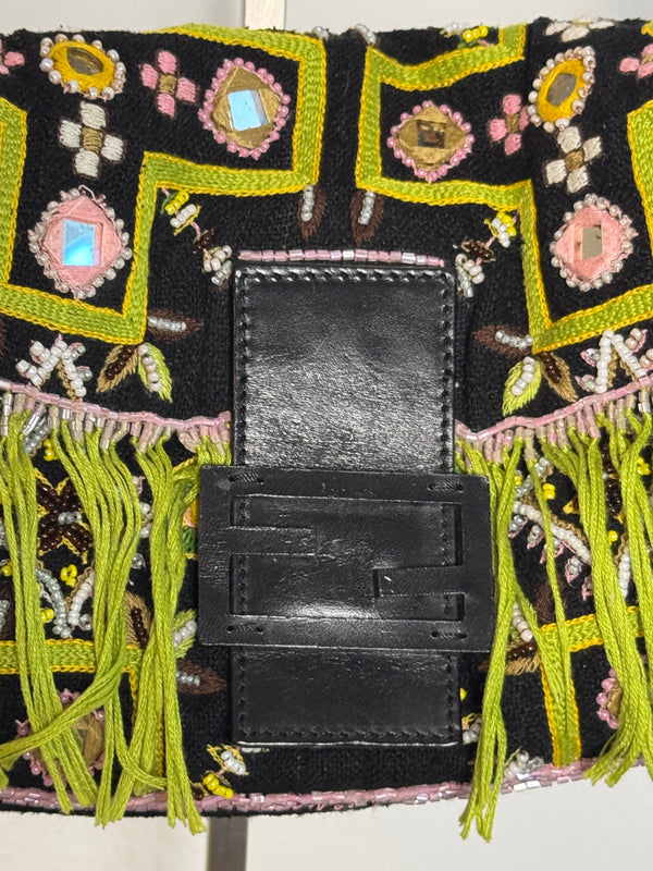 Fendi Baguette 2000 Vintage Beaded Canvas Body Green Brown Trim Fringe Tassel Embroidered Shoulder Bag Brown Limited Edition Leather Accents